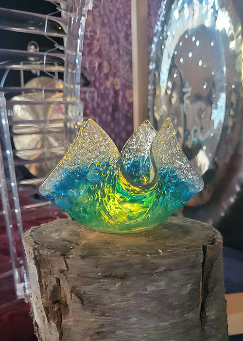 Glass Scultpture on a Tree Stump with Sound Healing